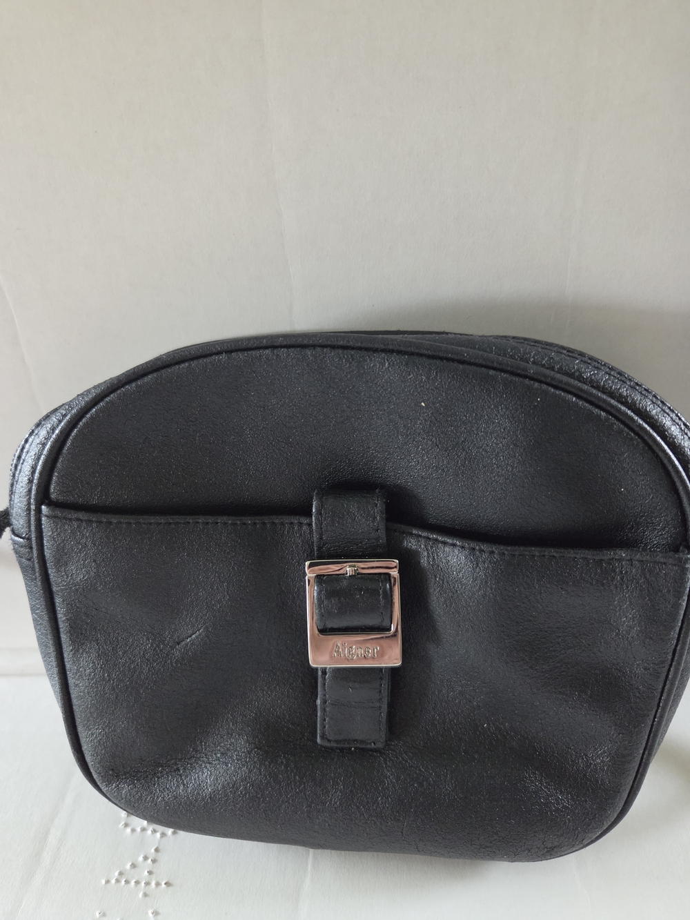 Vintage Etienne Algner Black Leather Crossbody Bag with Buckle Detail